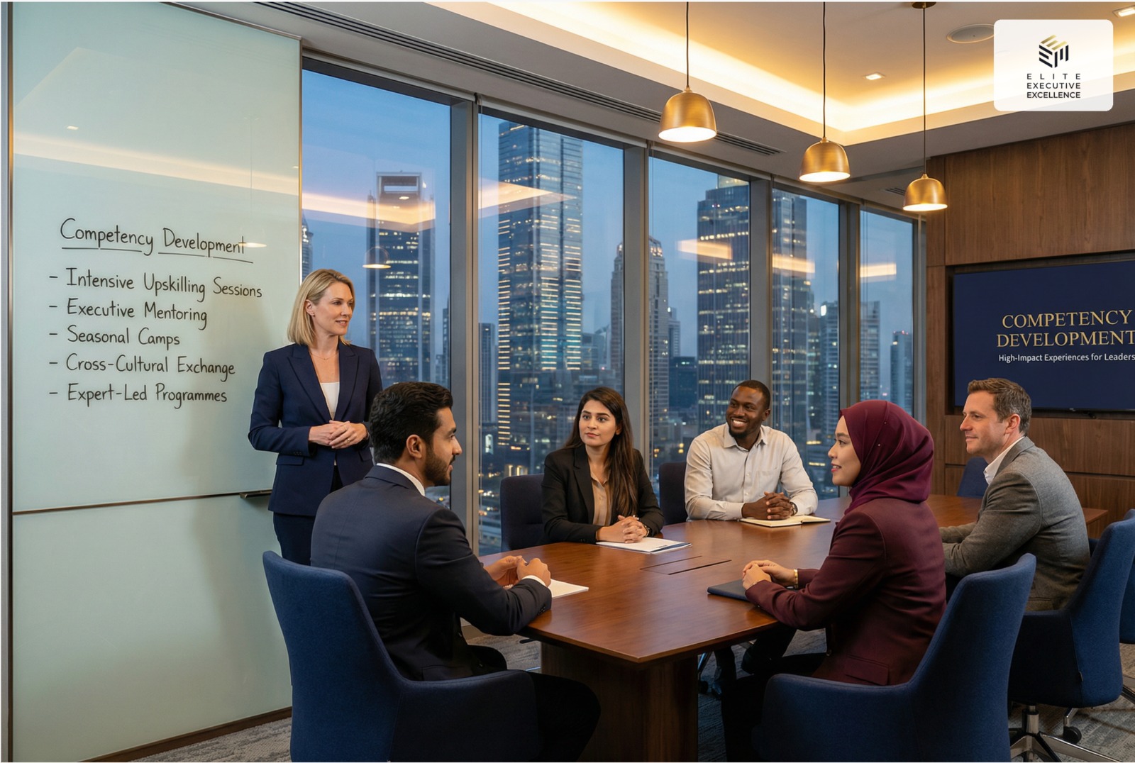 Executive boardroom session with professionals and a whiteboard