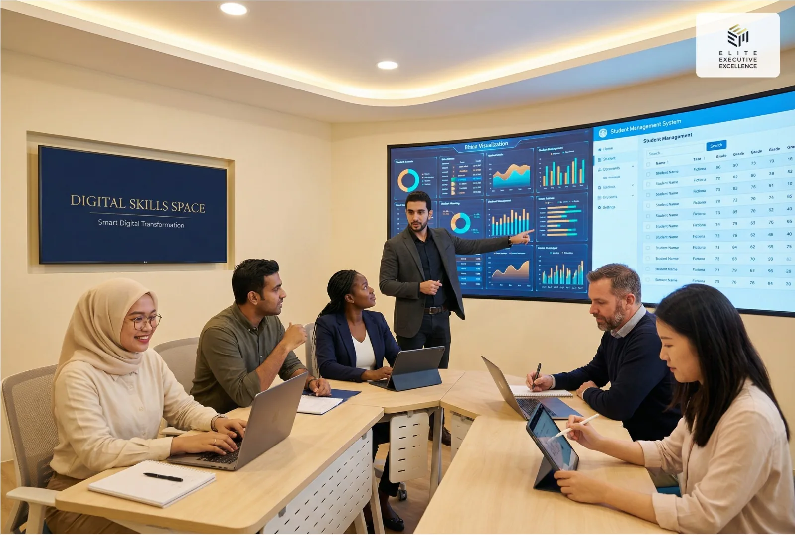 University leadership reviewing institutional analytics