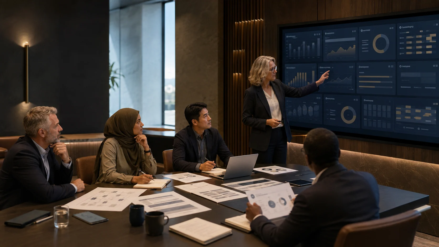 University leaders and digital strategists reviewing an institutional transformation dashboard
