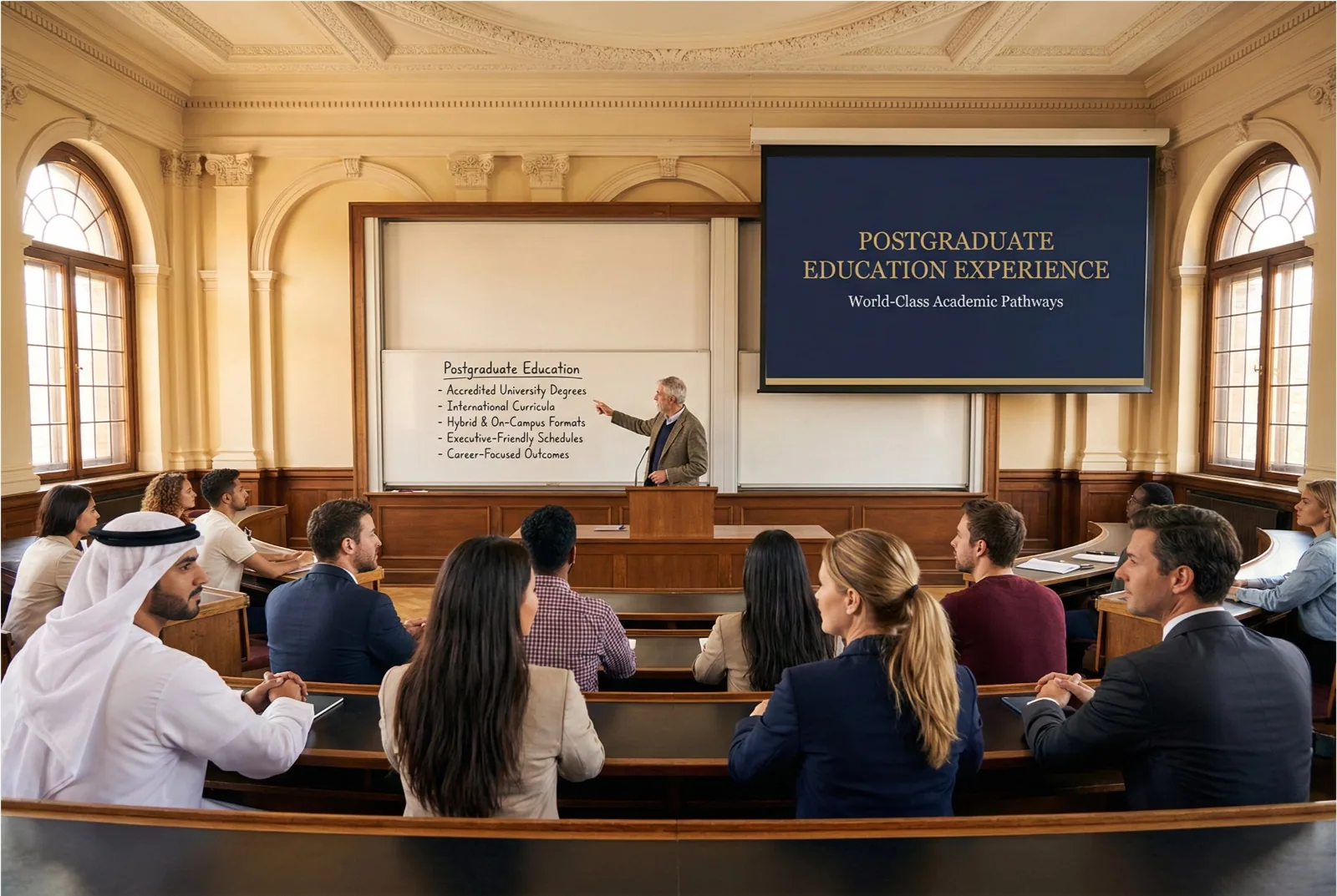 Professor delivering a lecture in a university theatre