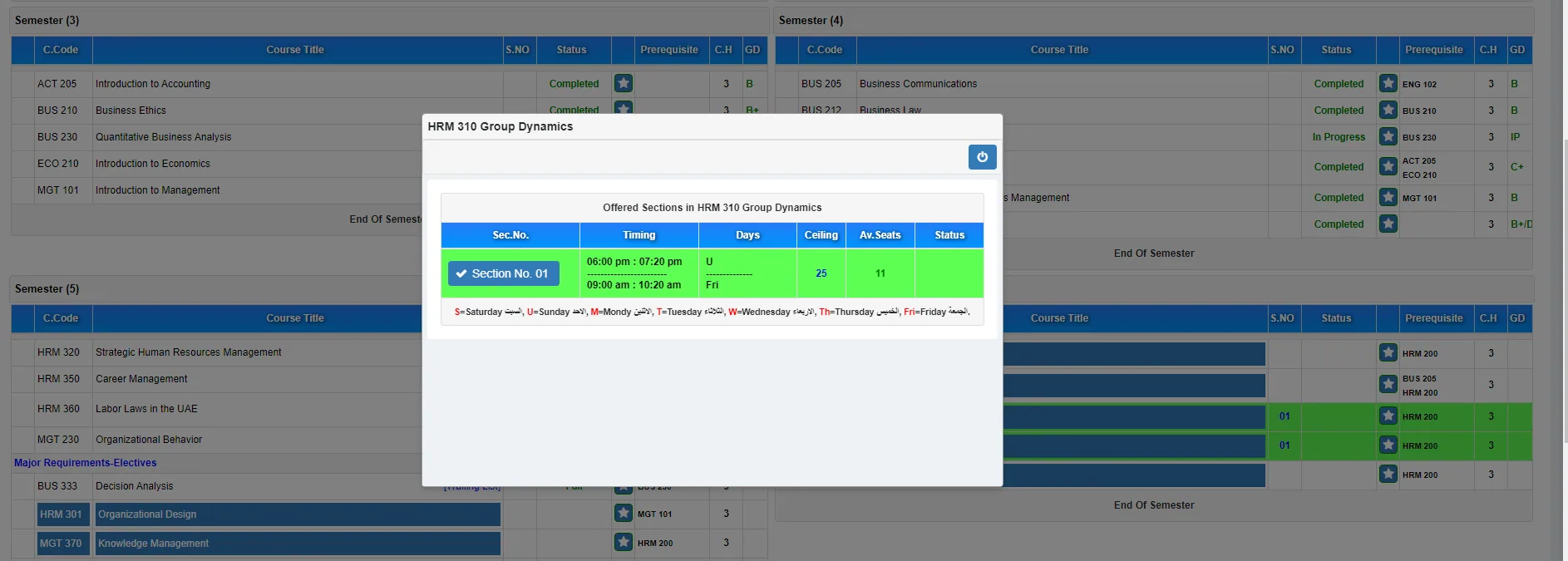 Course Registration — student overview